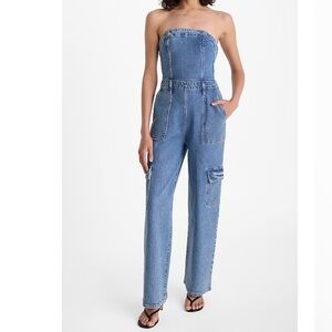 Express Strapless Denim Jumpsuit in Medium Blue